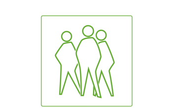 Icon aus drei grünen linienhaften Menschen in einem grünen, abgerundeten Quadrat