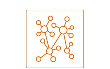 Icon aus orangenen, linienhaft verbundenen Kreisen in einem orangenen, abgerundeten Quadrat