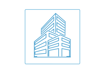 Icon aus drei linienhaften, gestaffelten, blauen Bürogebäuden in einem blauen abgerundeten Quadrat